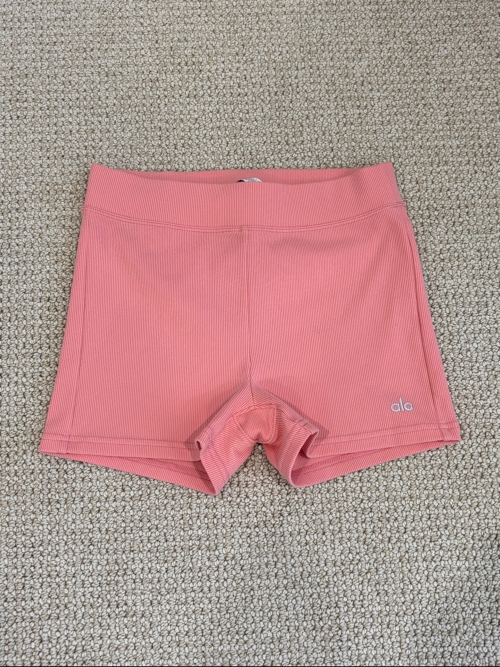 ALO Yoga Ribbed Coral-Orange Bike Shorts